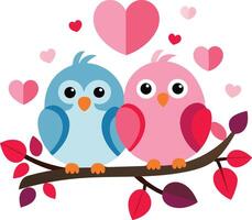 Flat illustration of two cute lovebirds sitting on a branch, surrounded by soft pink and red vector