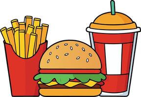 Illustration of a classic fast food combo including a burger, fries, and a drink in a simple cartoon vector