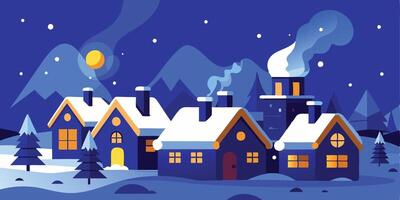 Winter village scene with house and the moon in the background. vector