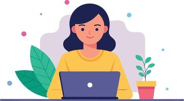 Flat illustration of a woman sitting at a desk using a laptop, with a plant in the background for a cozy workspace vector