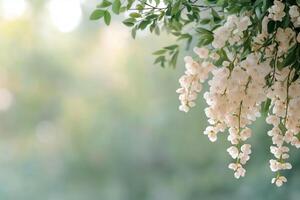 White jasmine flowers on blurred background with bokeh, wedding backdrop with copy space photo