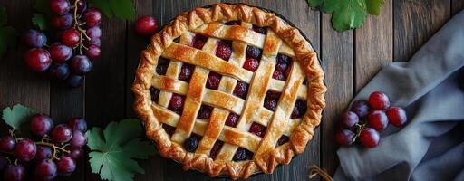 Homemade grape pie with golden lattice crust on table, food blogs, magazines, and bakery ads photo