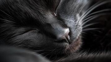 Close-up of a black cat sleeping peacefully showcases soft fur and whiskers in serene setting photo