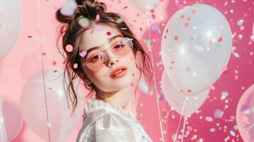 Portrait of young woman with sunglasses, surrounded by balloons and confetti on pink background photo