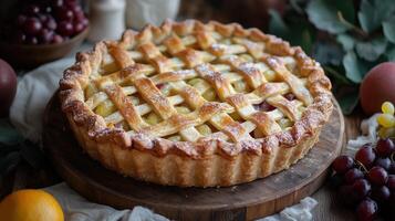 Homemade grape pie with golden lattice crust on table, food blogs, magazines, and bakery ads photo