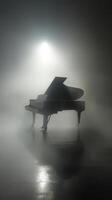 Grand piano in foggy spotlight on smoky stage, creating a dramatic and theatrical musical atmosphere photo