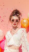 Portrait of young woman with sunglasses, surrounded by balloons and confetti on pink background photo