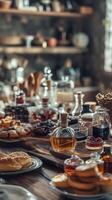 Luxurious perfume creation with decanters, fruits, pastries, and close-up bottles. Elegance and beauty photo