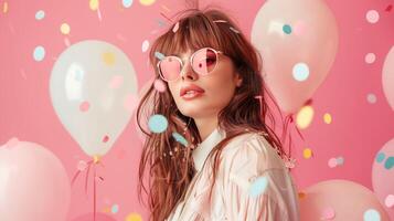 Portrait of young woman with sunglasses, surrounded by balloons and confetti on pink background photo