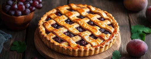 Homemade grape pie with golden lattice crust on table, food blogs, magazines, and bakery ads photo
