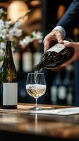 Hand pouring sparkling wine into a glass, capturing an elegant celebration and sense of luxury photo