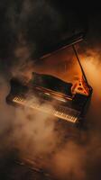 Grand piano in foggy spotlight on smoky stage, creating a dramatic and theatrical musical atmosphere photo