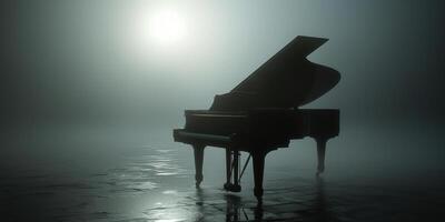 Grand piano in foggy spotlight on smoky stage, creating a dramatic and theatrical musical atmosphere photo
