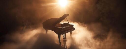 Grand piano in foggy spotlight on smoky stage, creating a dramatic and theatrical musical atmosphere photo