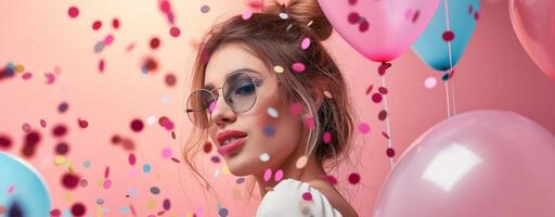 Portrait of young woman with sunglasses, surrounded by balloons and confetti on pink background photo