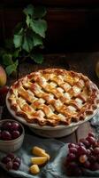 Homemade grape pie with golden lattice crust on table, food blogs, magazines, and bakery ads photo
