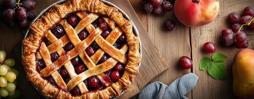 Homemade grape pie with golden lattice crust on table, food blogs, magazines, and bakery ads photo