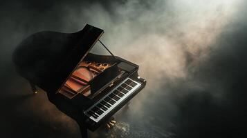 Grand piano in foggy spotlight on smoky stage, creating a dramatic and theatrical musical atmosphere photo