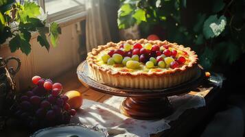 Delicious homemade grape pie on table, culinary blogs, food magazines, and bakery promotion photo