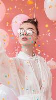 Portrait of young woman with sunglasses, surrounded by balloons and confetti on pink background photo