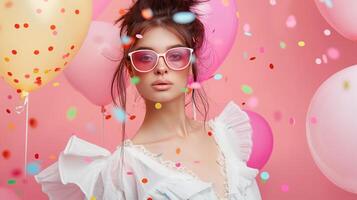Portrait of young woman with sunglasses, surrounded by balloons and confetti on pink background photo