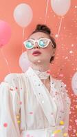 Portrait of young woman with sunglasses, surrounded by balloons and confetti on pink background photo