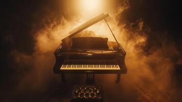 Grand piano in foggy spotlight on smoky stage, creating a dramatic and theatrical musical atmosphere photo