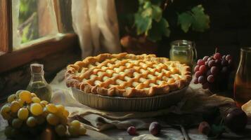 Homemade grape pie with golden lattice crust on table, food blogs, magazines, and bakery ads photo
