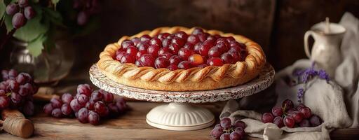 Delicious homemade grape pie on table, culinary blogs, food magazines, and bakery promotion photo
