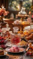 Luxurious perfume creation with decanters, fruits, pastries, and close-up bottles. Elegance and beauty photo