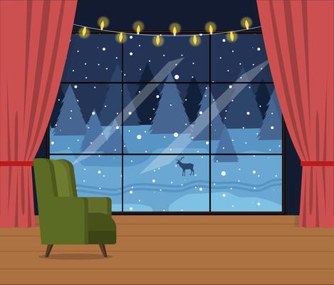 evening room with chair, big windows and winter landscape. Beautiful Christmas background.