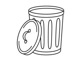 Hand drawn cute outline illustration of big garbage can with open lid. Flat trash bin, environmental pollution design in line art doodle style. Ecology sticker, icon. Rubbish disposal. Isolated vector