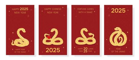Set of Chinese New Year cards for festive posts and stories. Social media templates for New Year 2025. Holiday background for greeting card, invitation. Illustrations in red and gold colors vector