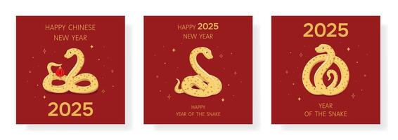 New Year 2025 cards set in red and gold colors with snake. Chinese zodiac Snake symbol of the year. Lunar New Year concept. Template of cover,card,poster,flyer vector