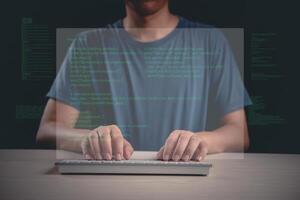 A person typing on a keyboard with a computer screen behind them photo