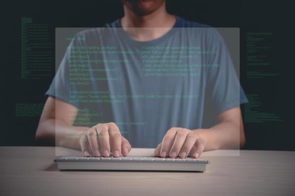 A person typing on a keyboard with a computer screen behind them