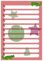 Notebook page design, template with stars, love and circles. Cute crocodile, Paper diary background, journal, notebook. Colored flat illustration vector