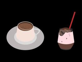 hot chocolate drinks and iced chocolate with ice cream. happy, relaxed. black background vector