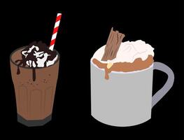 cold chocolate with chocolate milk spread and hot chocolate with white milk and cinnamon, happy and relax. black background vector