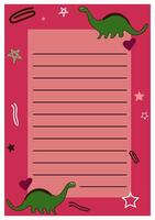 Diary page design, schedule paper. Notebook background, notebook template with cute dinosaur, creative elements. Flat illustration vector