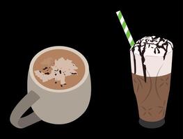 hot chocolate with cinnamon sprinkles and thick chocolate ice that overflows. happy, relax. black background vector