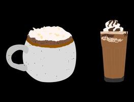 Luxurious hot chocolate sprinkled with gold dust and chocolate ice with vanilla cream, happy and relaxed. black background vector