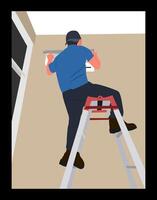 Worker installing air conditioning unit. installing air conditioning machine on the wall inside the house. Air conditioning installation. Flat illustration isolated on white background vector