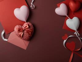 Valentine's Day flat lay composition with gift boxes and hearts on pastel pink background. Flat lay, top view. photo