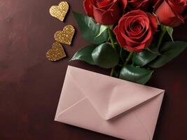 Valentine's Day flat lay composition with gift boxes and hearts on pastel pink background. Flat lay, top view. photo