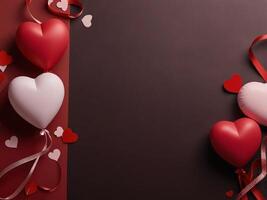 Valentine's Day flat lay composition with gift boxes and hearts on pastel pink background. Flat lay, top view. photo