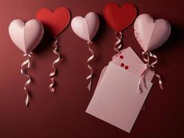 Valentine's Day flat lay composition with gift boxes and hearts on pastel pink background. Flat lay, top view. photo