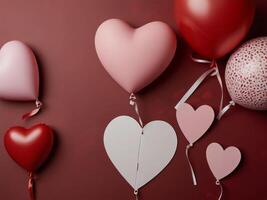 Valentine's Day flat lay composition with gift boxes and hearts on pastel pink background. Flat lay, top view. photo