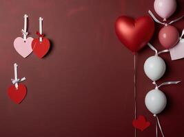 Valentine's Day flat lay composition with gift boxes and hearts on pastel pink background. Flat lay, top view. photo