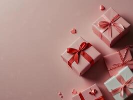 Valentine's Day flat lay composition with gift boxes and hearts on pastel pink background. Flat lay, top view. photo